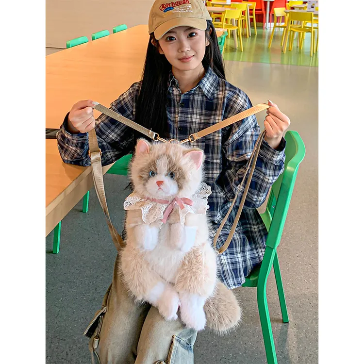 可爱毛绒绒仿真小猫咪布偶双肩包女孩玩偶公仔猫娃娃背包生日礼物