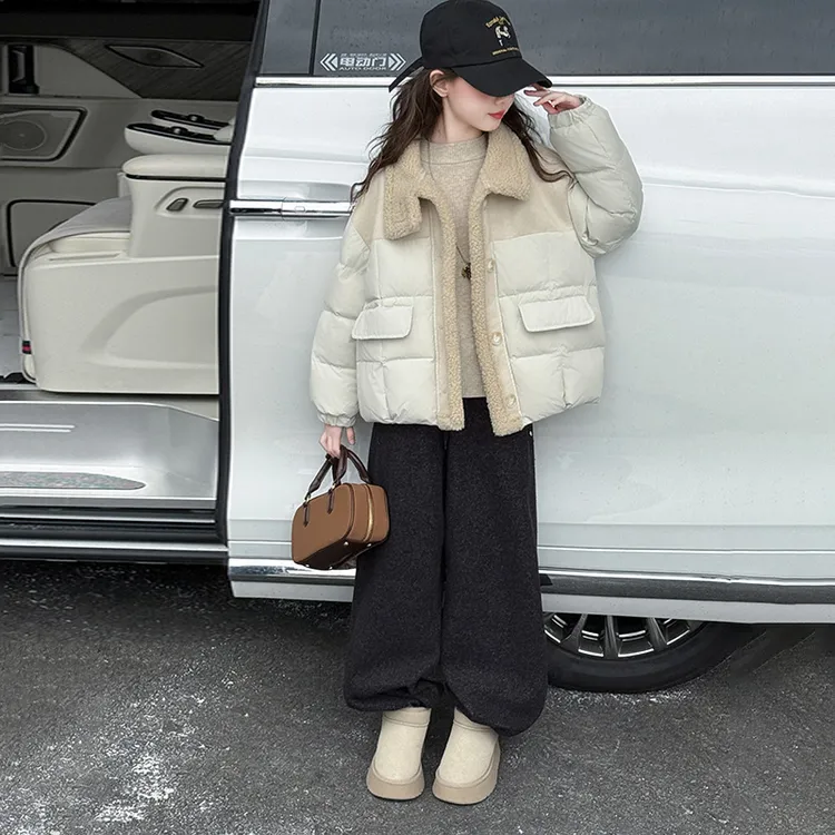女童棉服冬季2025新款韩系大儿童装拼色保暖毛领加厚皮毛一体外套