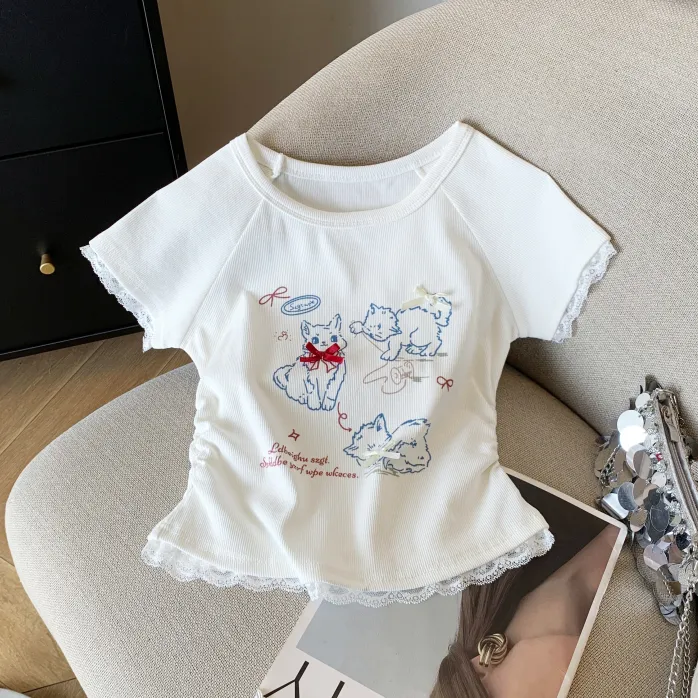 甜美减龄可爱蝴蝶结蕾丝短袖T恤女夏季爆款纯欲修身短款印花上衣