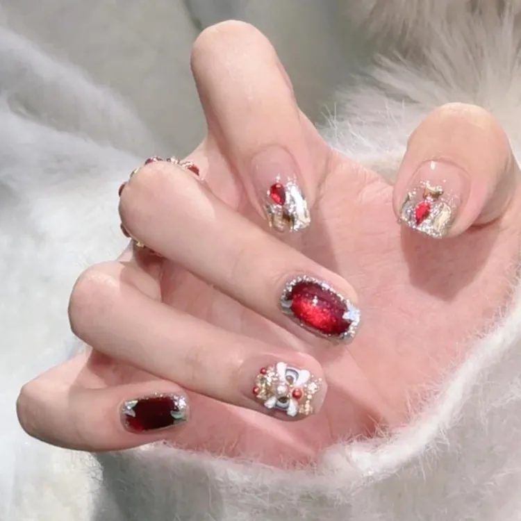 【红运醒狮】新年红运醒狮红色猫眼带钻气质显白纯手工穿戴甲