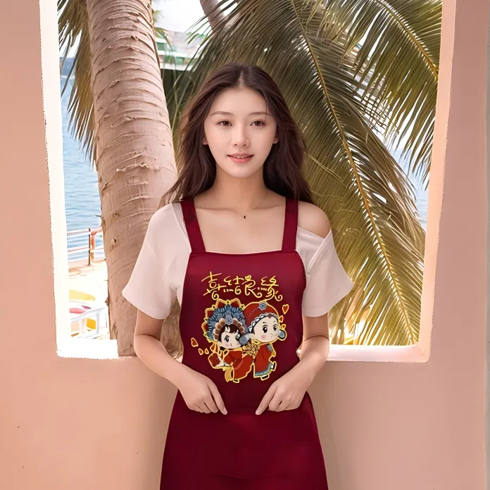 加厚酒红色喜宴婚庆围腰定制结婚新娘伴娘喜庆围裙批发印字套袖