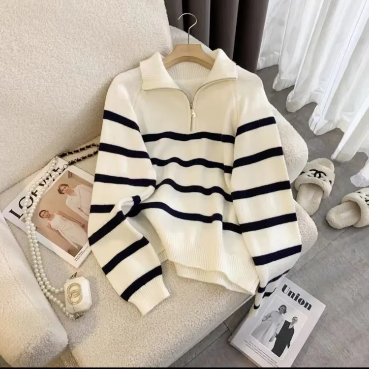 2025春秋新款大码韩系半拉链翻领条纹针织衫女慵懒风打底上衣女