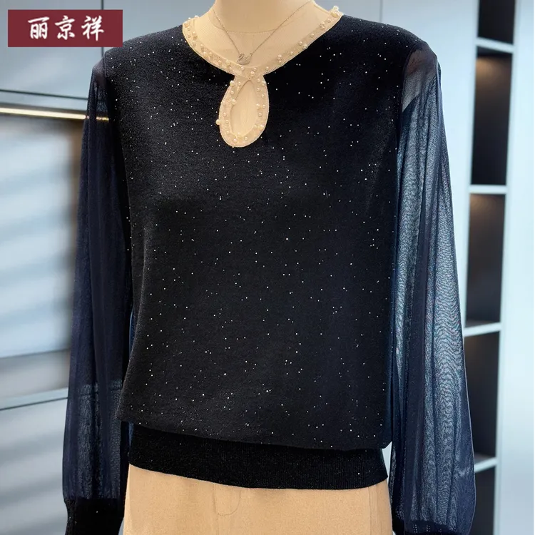 时尚洋气妈妈装雪纺拼接针织衫女秋装新款上衣气质中老年小衫