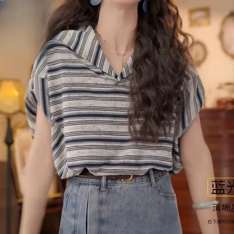 【冷若冰霜】夏季新款港风复古夏季条纹短袖T恤上衣LK2503639