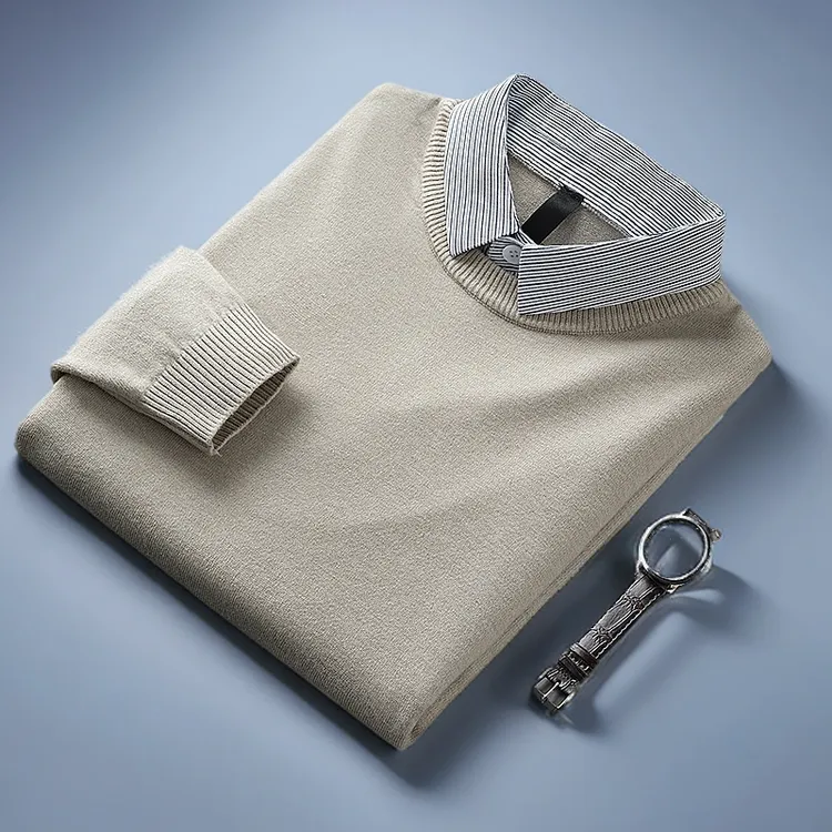 春秋季新款假两件毛衣男士羊毛衫商务高端针织衫轻奢衬衫领线衣潮