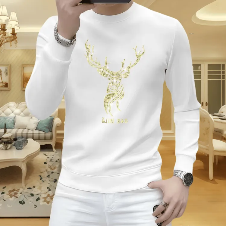 2025新款烫钻男士卫衣休闲长袖上衣潮流百搭套头修身时尚圆领外套