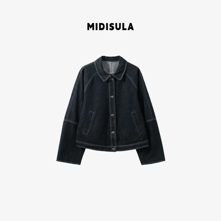 MDSL·韩式时尚百搭翻领袖口格子牛仔外套01686