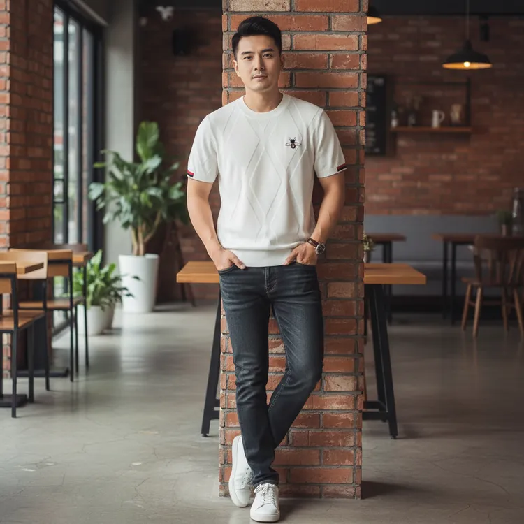 欧货小蜜蜂刺绣短袖羊毛衫男士2025冬季新款圆领潮牌针织半袖毛衣