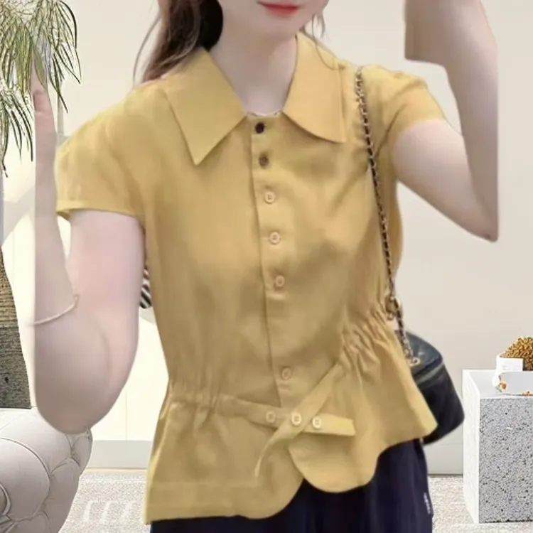 【荔枝时尚】衬衫袖印染POLO领休闲风夏季衬衫收腰时尚blokette