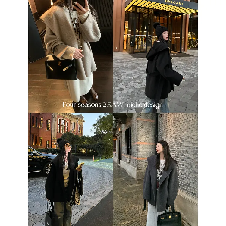 区区欧阳"黑标L*P 嵿奢挚献" 100羊毛双面呢大衣短款连帽毛呢外套