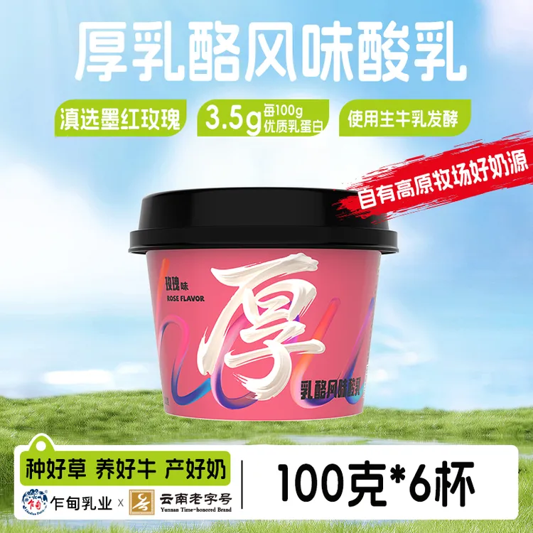 【冷链发货】乍甸高原牧场玫瑰厚乳风味酸奶100g*6杯营养早餐