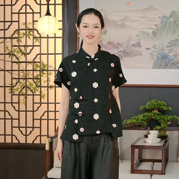 齐黛【墨衣绣影】龟裂纹香云纱上衣新中式桑蚕丝国风上衣