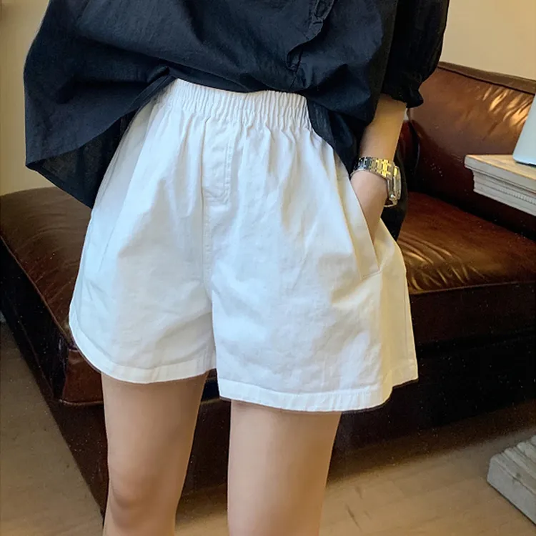 松紧腰纯色短裤女夏季新款高腰休闲百搭a字显瘦宽松阔腿