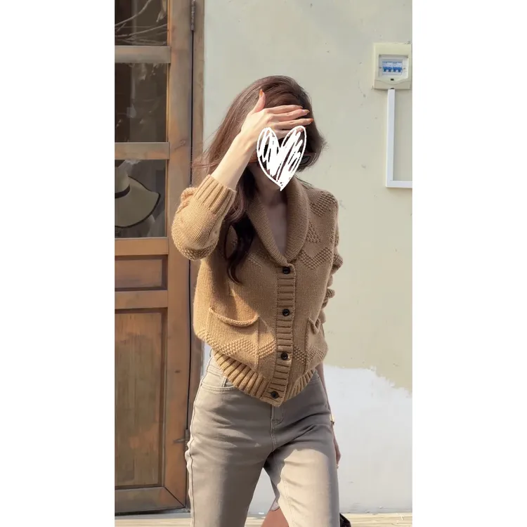 【立体编织青果领针织开衫】