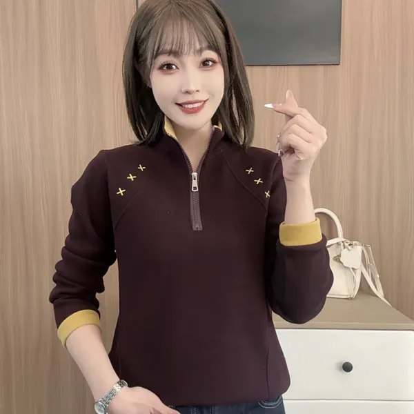 1118冬季保暖立领长袖女拉链卫衣休闲百搭气质减龄打底衫