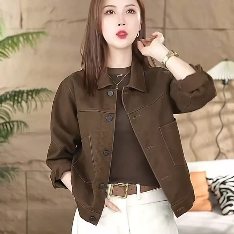时尚亮色牛仔外套上衣女外套显瘦大口袋女外套气质深色牛仔
