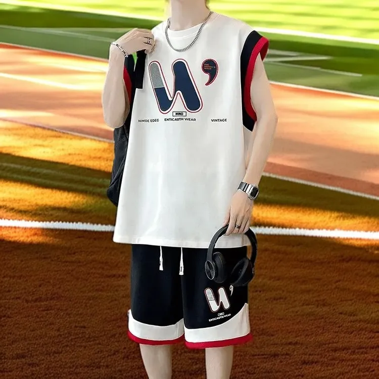 真维斯男士无袖运动休闲套装潮流宽松帅气青少年两件套夏季新款