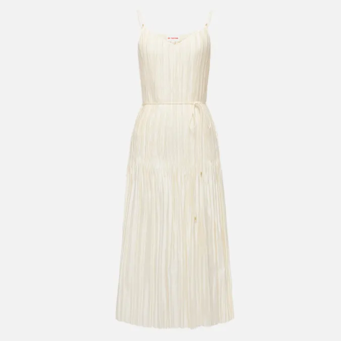 EP雅莹2025秋季新款女装 压褶修身吊带V领优雅白色连衣裙4246B