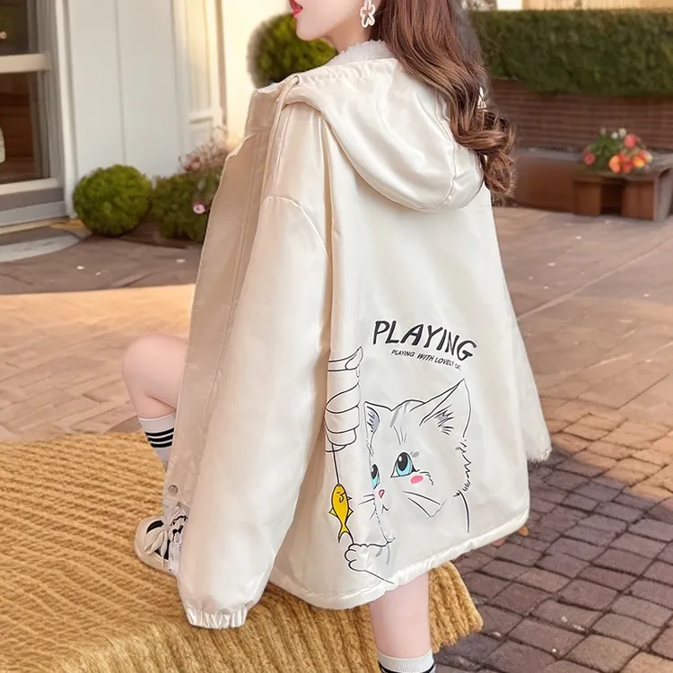 加绒加厚防风衣外套女冬季学生宽松休闲大码连帽工装印花棉衣ins