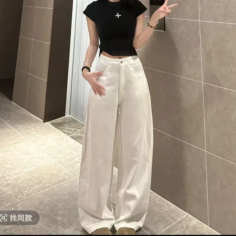 秋季高腰宽松弯刀裤女百搭显瘦直筒