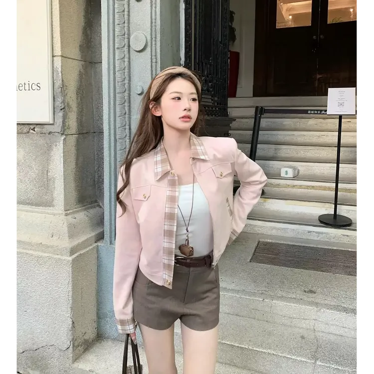 多伦多秋日粉色翻领撞色百搭长袖外套女气质格纹上衣显瘦短裤套装
