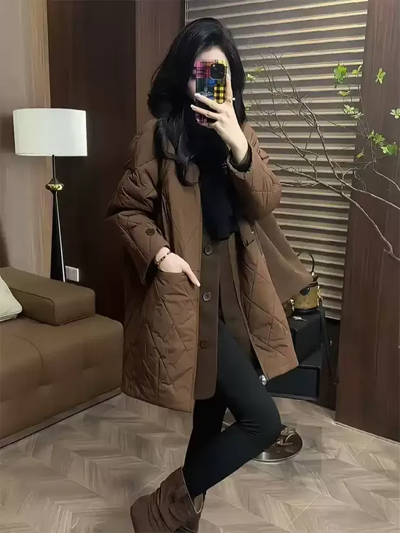 超好看咖色菱格大码棉服外套女小个子秋冬款高级感宽松中长款棉衣