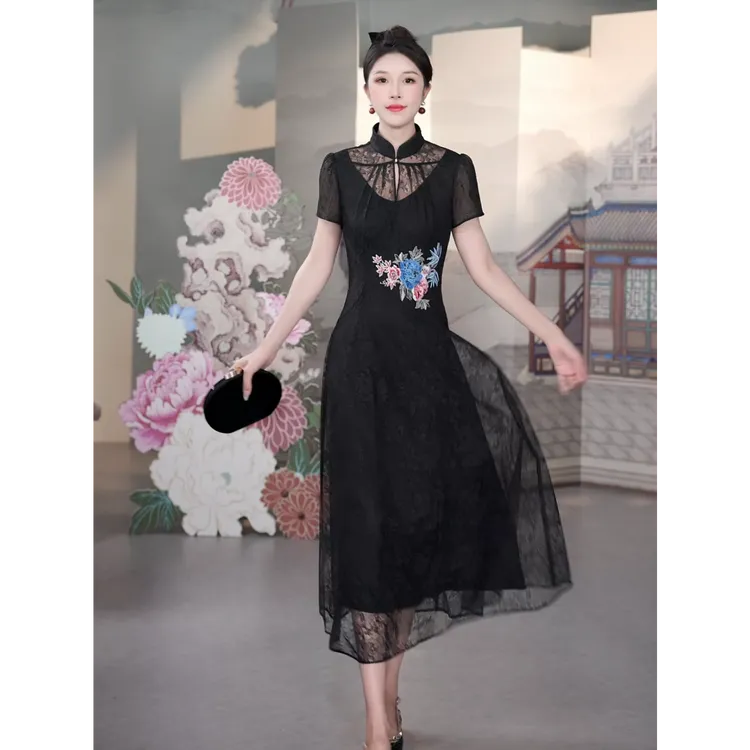 SUSSI古色丨“花语悠悠”夏季中式立领泡泡短袖刺绣连衣裙