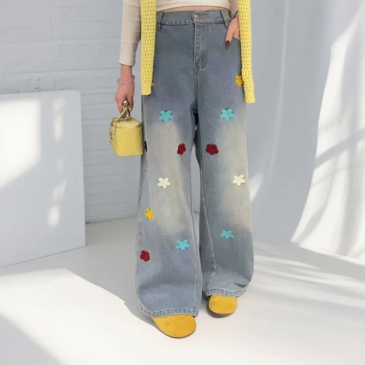 冬季加绒牛仔拖地裤-甜 8544时尚潮流花朵设计款胖MM大码女装新款