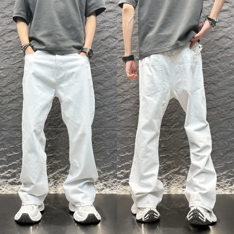 2025秋冬简约感白色裤子时尚直筒宽松痞男士宽松直筒白色棉阔腿