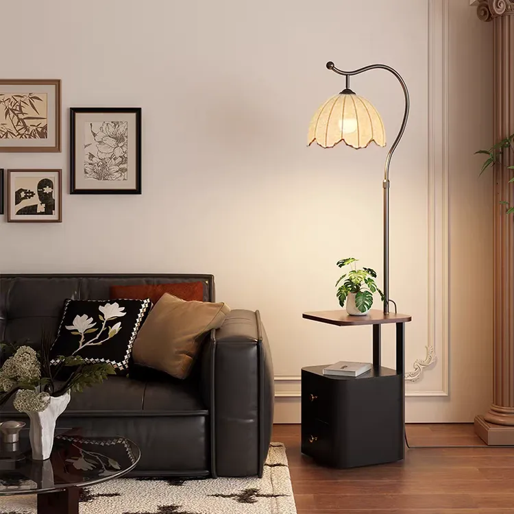 床头柜一体落地灯中古风客厅沙发边茶几卧室床头现代简约氛围台灯