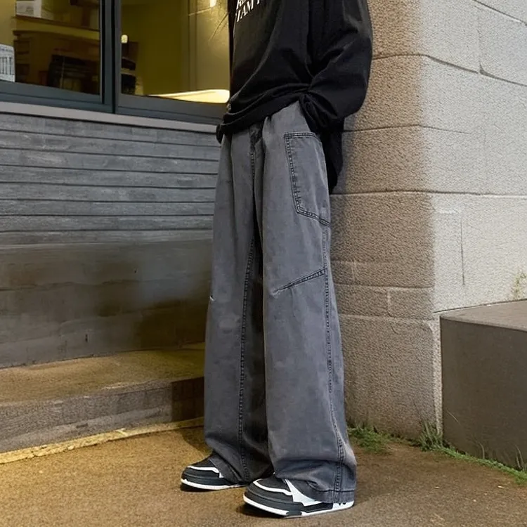 vintage国潮古着感烟灰色工装裤男百搭休闲美式高街vibe宽松裤子