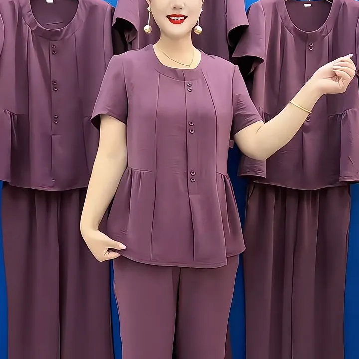 高档中年女士减龄纯色套装夏季薄款休闲圆领短袖收腰显瘦口袋套装