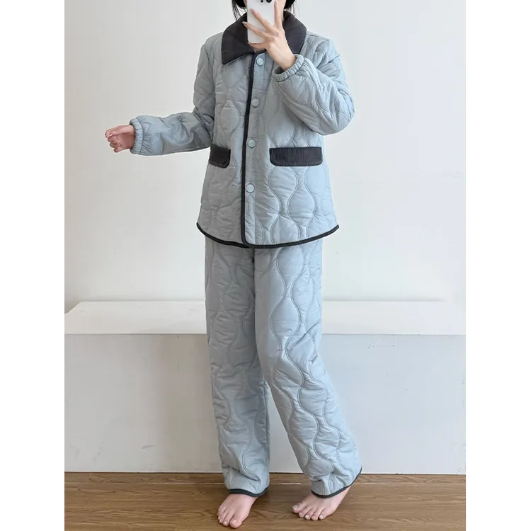 高级感简约撞色菱格夹棉睡衣女冬季新款加绒加厚家居服套装可出门