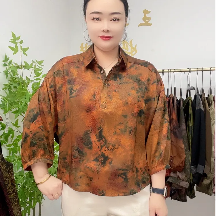 薄款植物花卉时尚蝙蝠袖夏季妈妈装纽扣中老年女装气质百搭休闲