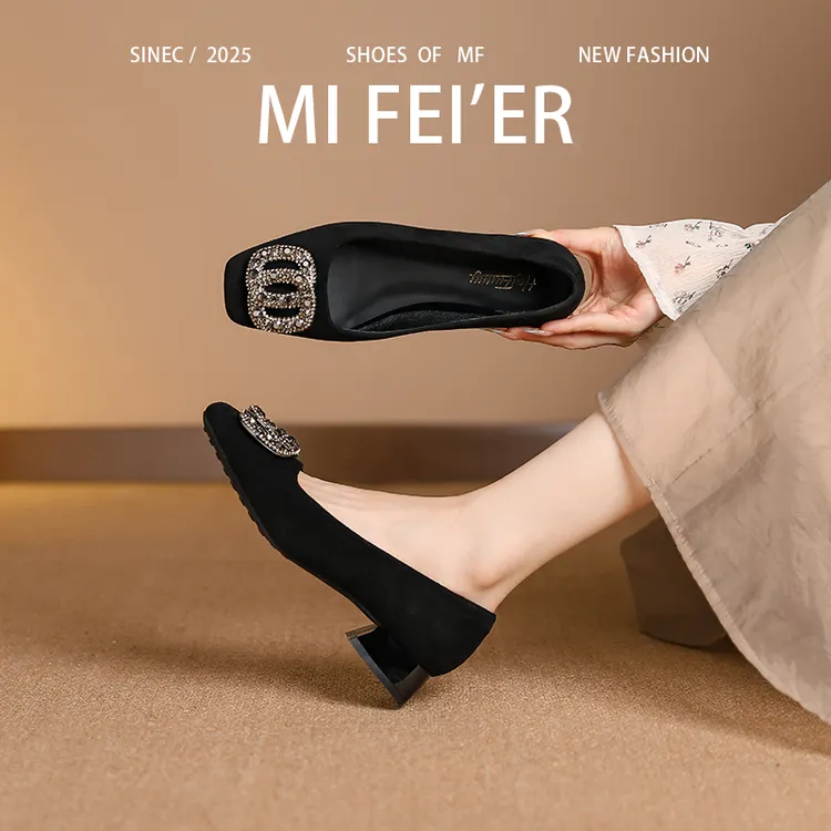 3cm真皮羊皮方头粗跟单鞋女蓝色磨砂气质方扣水钻浅口中跟高跟鞋