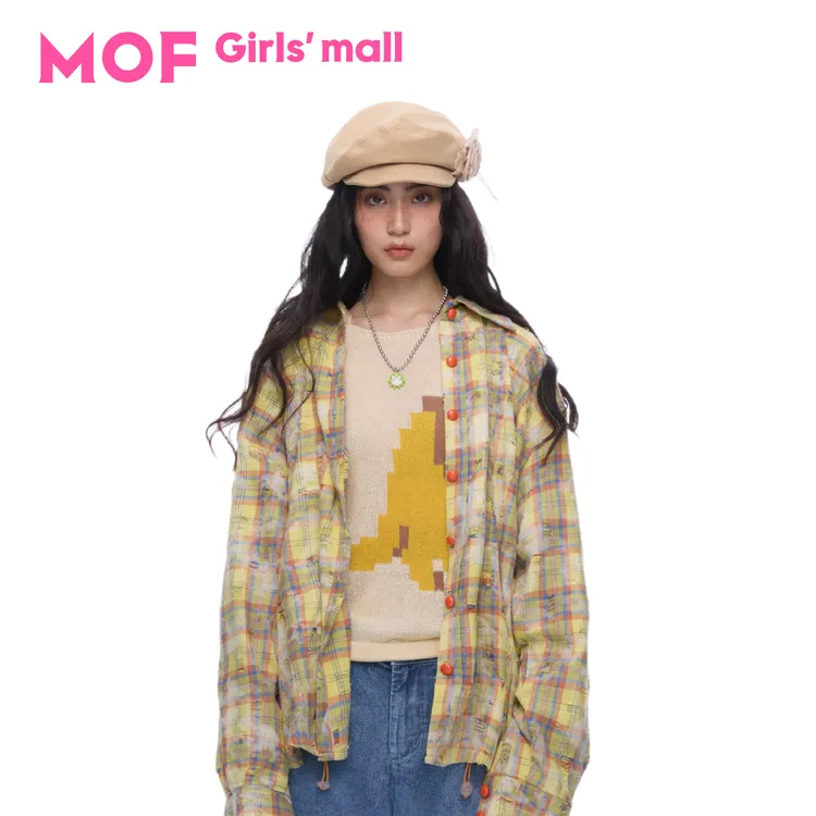 MOF少女百货 周深同款抽绳长袖外套男女同款 宽松慵懒风黄格衬衫