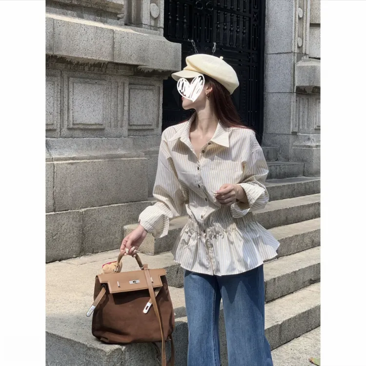 蓝色条纹时尚长袖衬衫女夏季大码胖mm收腰中长款正肩显瘦衬衣上衣