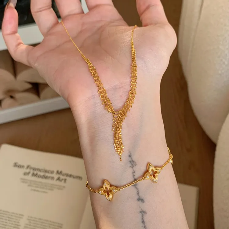 铜合金项链 中古麦穗蕾丝流苏项链法式宫廷风小众千金感锁骨链
