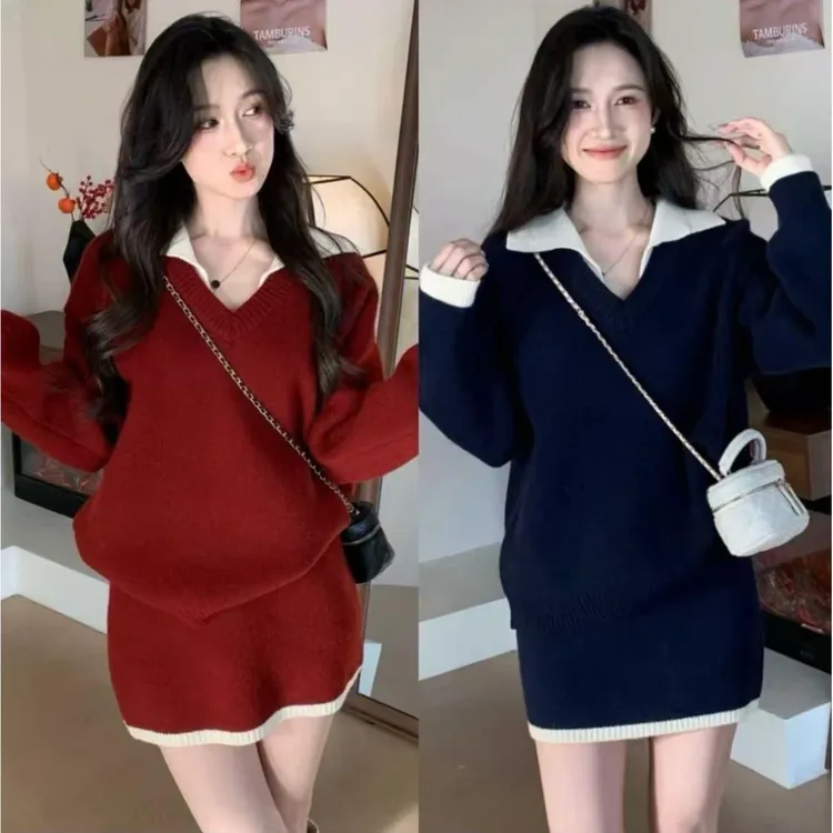 【格拉冬日】韩版冬日氛围感/百搭撞色毛衣+半身裙两件套