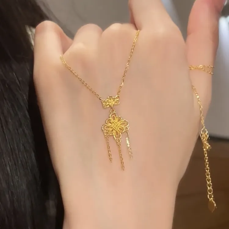 卡柒 铜合金项链 新中式金色中国结流苏项链女复古轻奢气质高级感