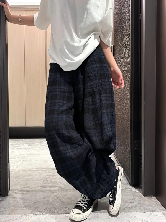 复古英伦撞色格纹宽松系扣休闲裤松紧腰阔腿弯刀长裤