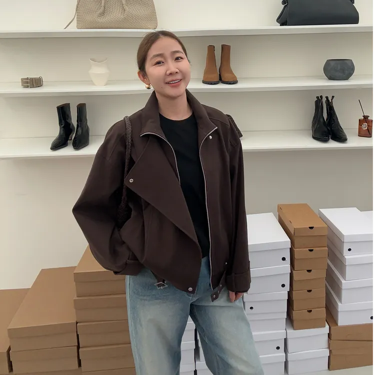 widelia陈姬儿秋季韩系设计感复古翻领拉链外套宽松短款夹克8126