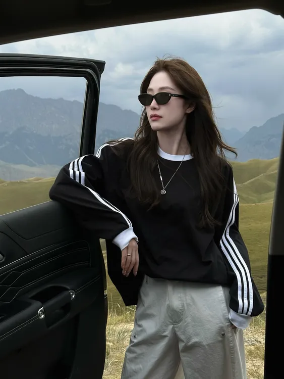 美式复古套装女撞色条纹长袖上衣2025秋季新款百搭休闲裤两件套