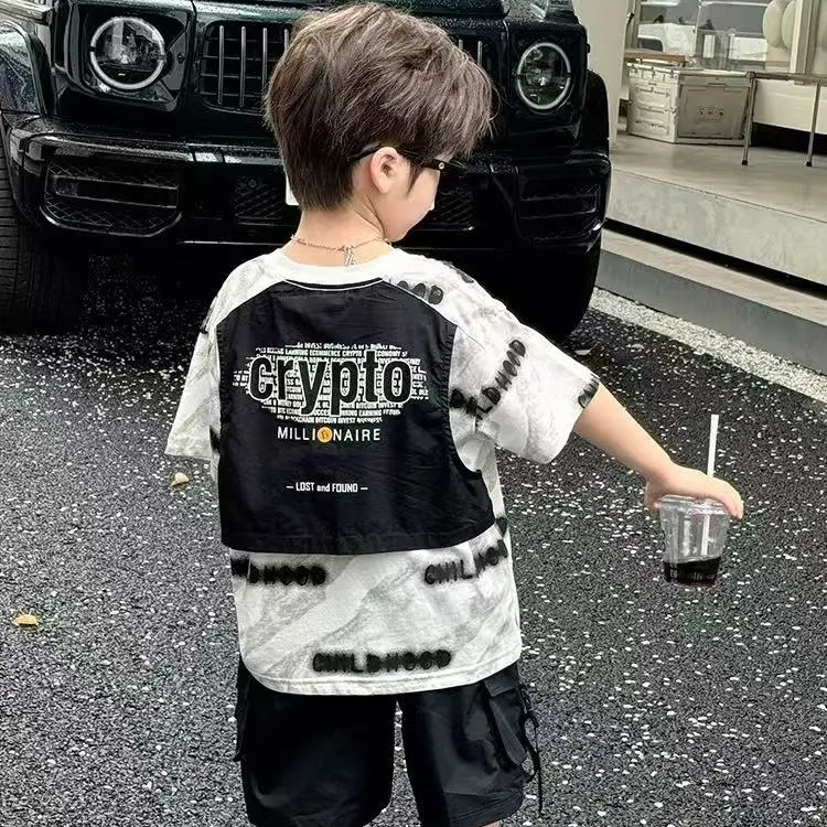儿童夏装超酷休闲上衣男童夏季短袖T恤中小童宝宝字母洋气打底衫