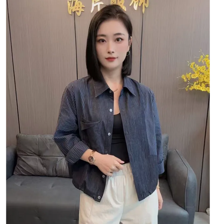 【海片】5273女士休闲时尚秋款拼接牛仔翻领衬衫百搭条纹长袖