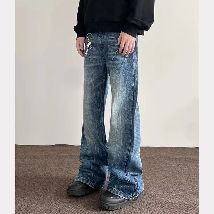 蓝色裂纹牛仔裤男2025秋季美式复古高街水洗做旧宽松直筒小众裤子