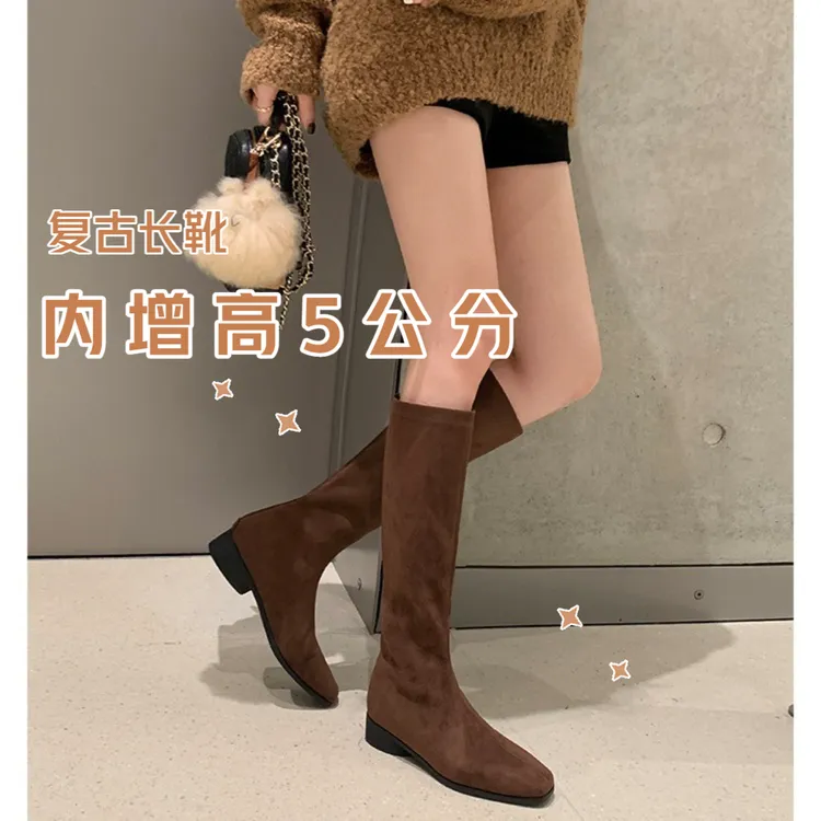 洋气爆款OOTD复古绒面英伦风马丁靴长筒靴靴子秋冬方头粗跟骑士靴