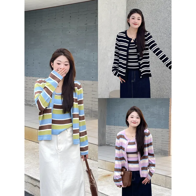 裂渡宣宣【奇遇多巴胺】微胖大码女秋ins针织开衫+背心套装ZY507V56
