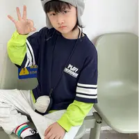 25春秋季新款时尚潮男儿童装休闲宽松纯棉高街帅气假两件长袖T恤