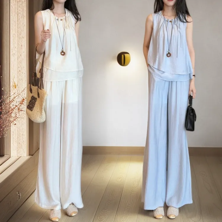 时尚套装女2025夏新款时髦洋气荷叶下摆法式无袖上衣阔腿裤两件套